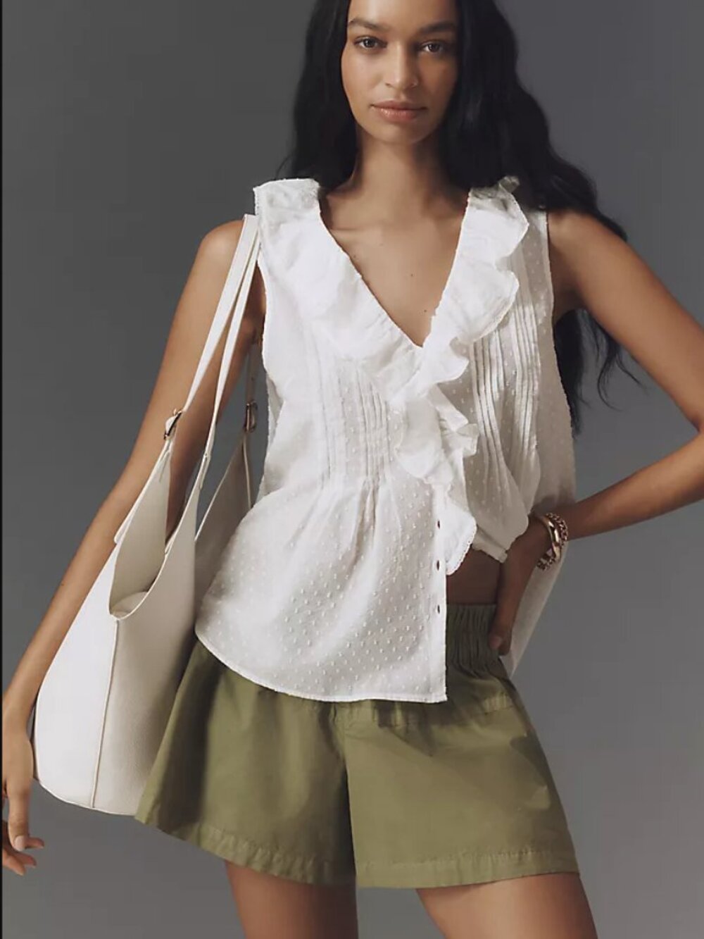 Anthropologie Sleeveless Pintuck Ruffle V-Neck Blouse Feminine Cotton Top Size L